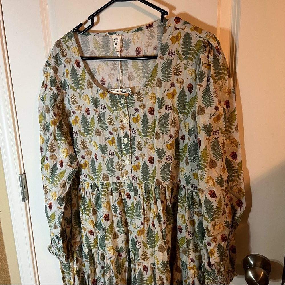 Kate Quinn Forest Print Long-Sleeve Cotton Dress - Green Multi